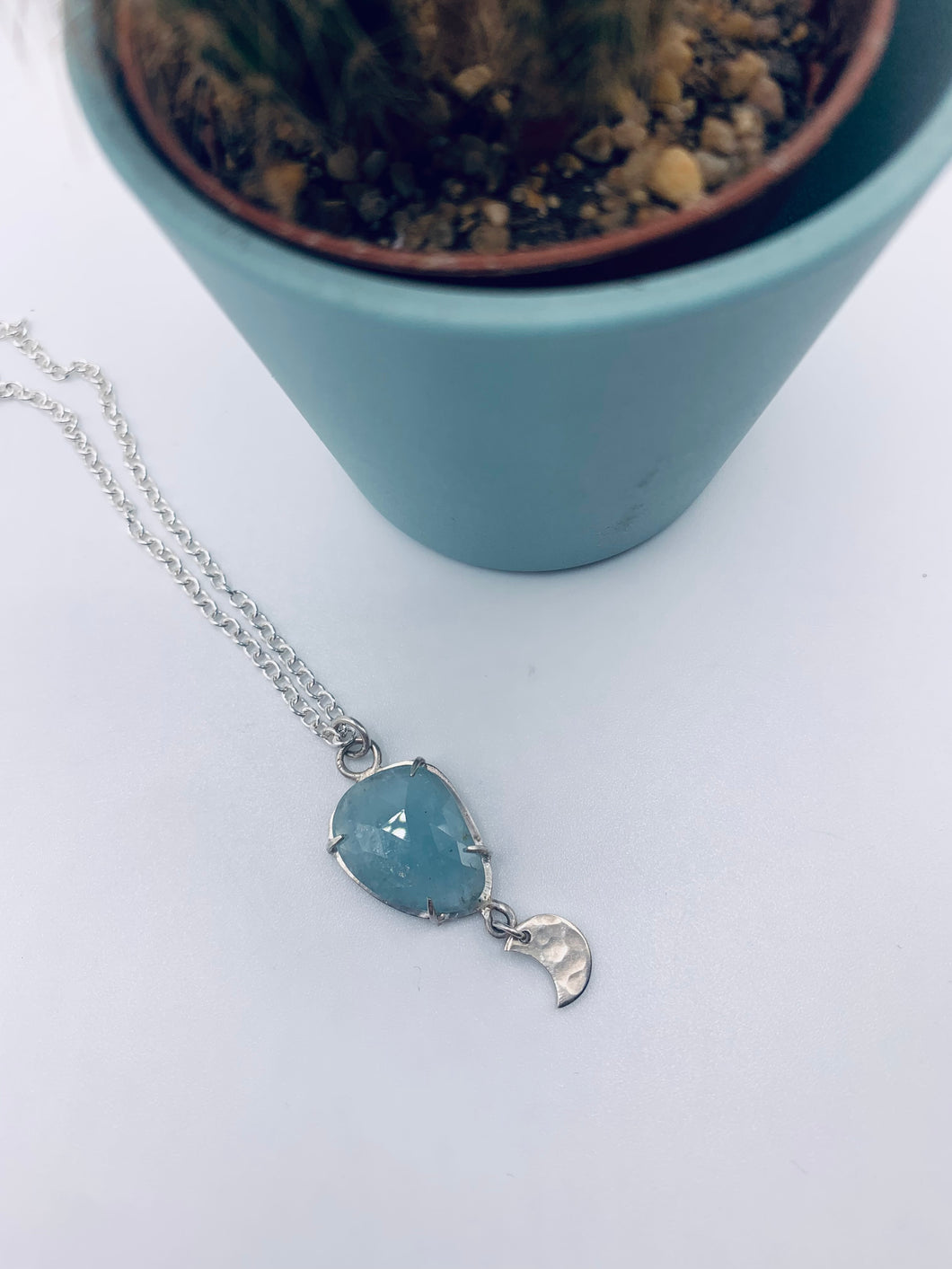 Sterling silver Aquamarine necklace with crescent moon charm